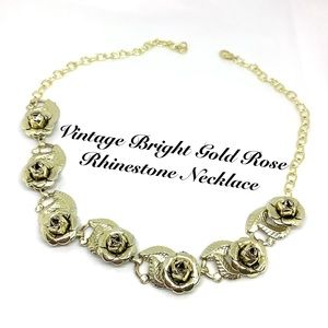 🆕Vintage Bright Gold & Rhinestone Rose Necklace